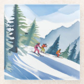 Let’s Go Skiing | Winter Watercolor Painting ガラスコースター (正面)