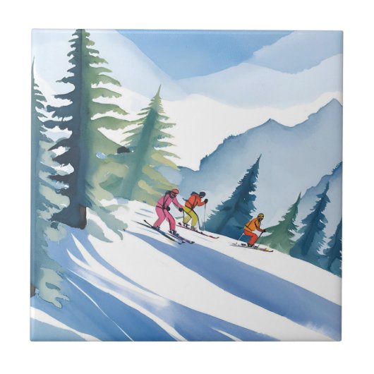 Let’s Go Skiing | Winter Watercolor Painting タイル (正面)