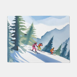 Let’s Go Skiing | Winter Watercolor Painting ドアマット