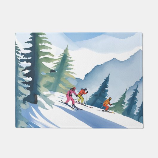 Let’s Go Skiing | Winter Watercolor Painting ドアマット (正面)