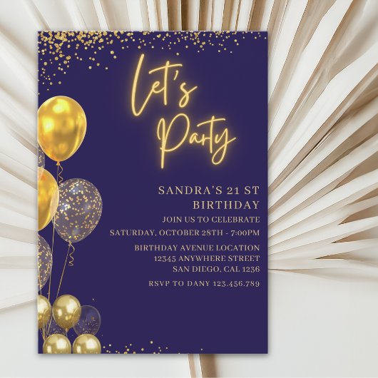 Let’s Party- elegant Birthday with Golden balloons 招待状