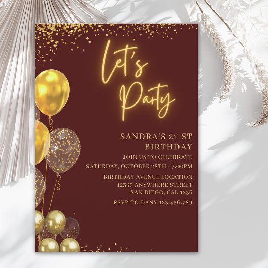 Let’s Party- elegant Birthday with Golden balloons 招待状