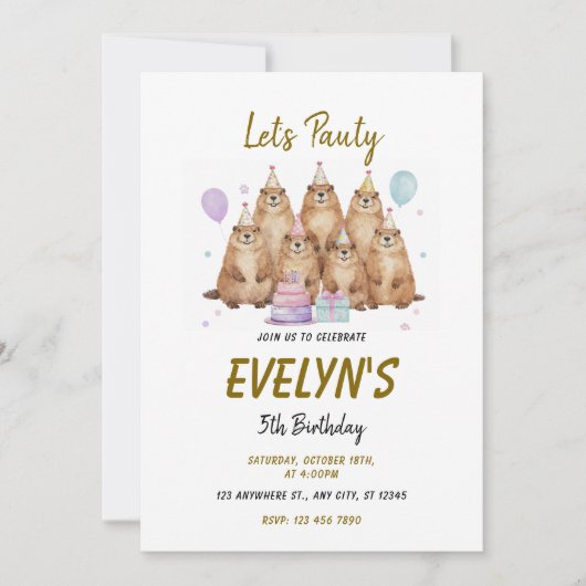 Let’s Party Groundhog 5th Birthday – Fun Kids  招待状 (正面)