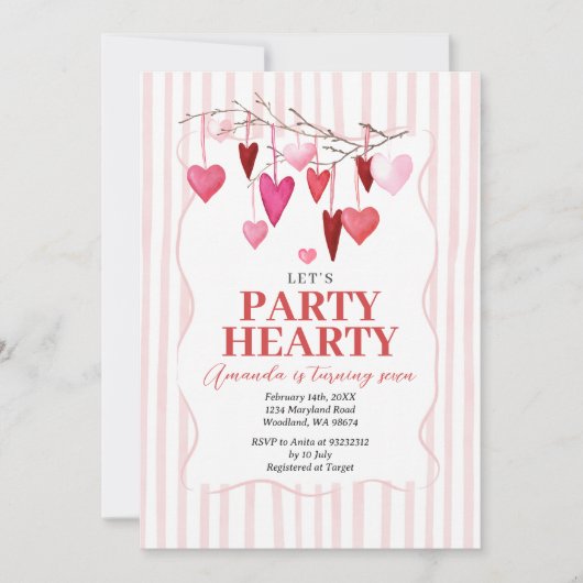 Let’s Party Hearty Pink Hearts Birthday 招待状 (正面)