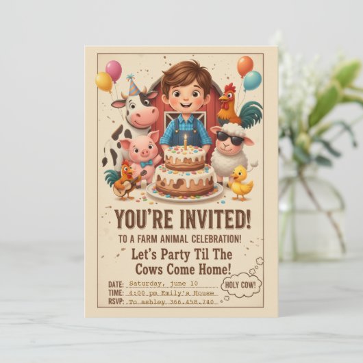 Let’s Party Til the Cows Come Home | Editable Farm 招待状 (スタンド正面)