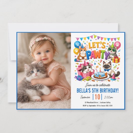 Let’s Pawty Cat 5th Birthday | Cute Kitty Birthday 招待状 (正面)