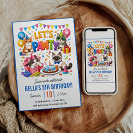 Let’s Pawty Cat 5th Birthday | Cute Kitty Birthday 招待状