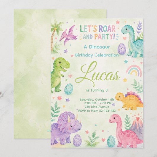 Let’s Roar And Party Dinosaur Invitation Editable 招待状 (正面/裏面)