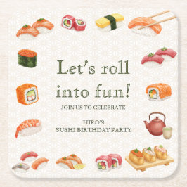 Let’s Roll into Fun! Sushi Birthday Party Invitati スクエアペーパーコースター