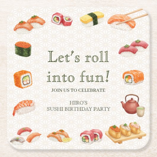 Let’s Roll into Fun! Sushi Birthday Party Invitati スクエアペーパーコースター (正面)