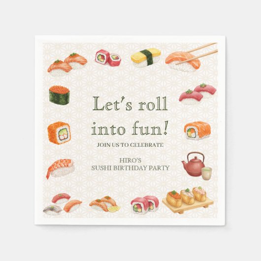 Let’s Roll into Fun! Sushi Birthday Party Invitati スタンダードカクテルナプキン (正面)
