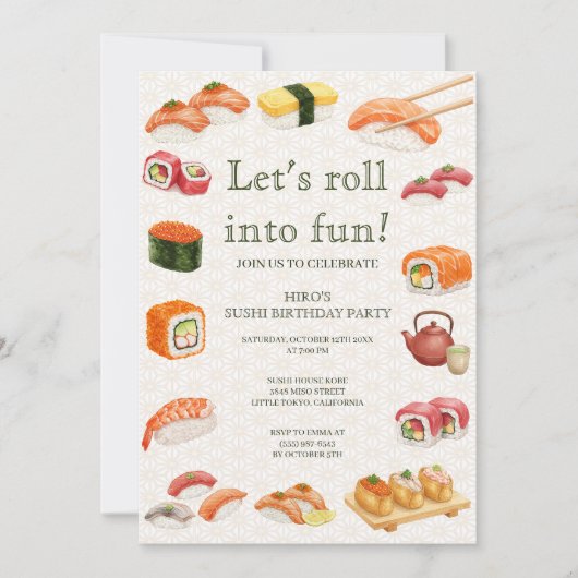 Let’s Roll into Fun! Sushi Birthday Party Invitati 招待状 (正面)