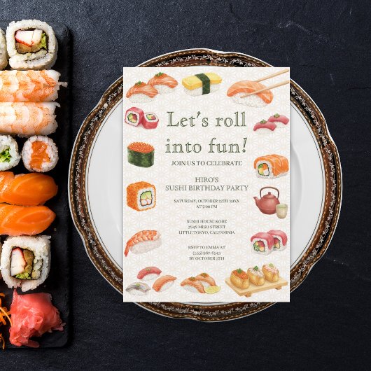 Let’s Roll into Fun! Sushi Birthday Party Invitati 招待状