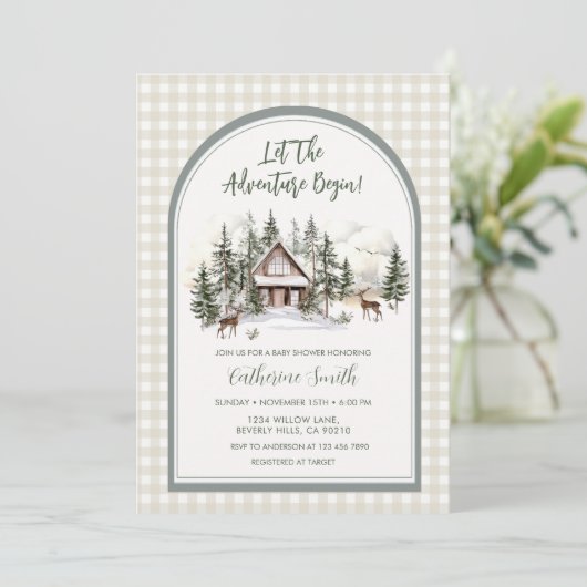  Let The Adventure Begin Arch Gingham Baby Shower 招待状 (スタンド正面)