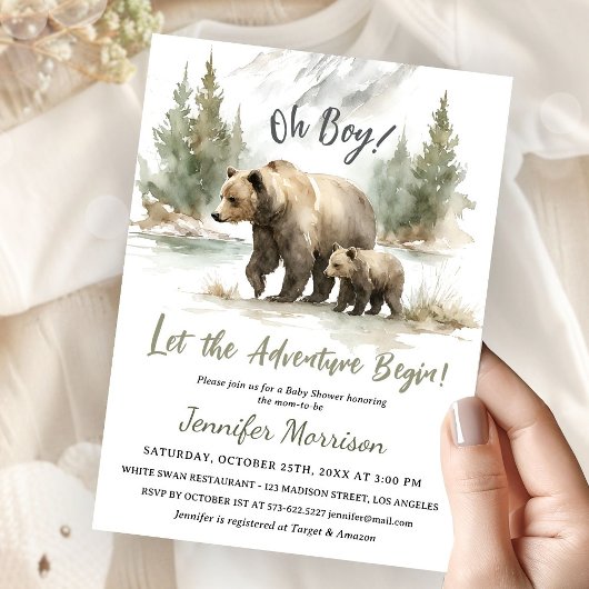 Let The Adventure Begin Baby Shower Boy Bear 招待状