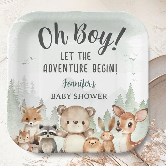 Let The Adventure Begin Baby Shower Boy Woodland ペーパープレート