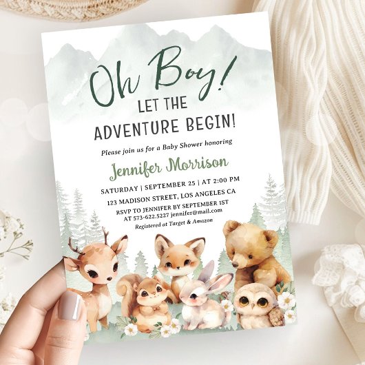 Let The Adventure Begin Boy Baby Shower Woodland 招待状