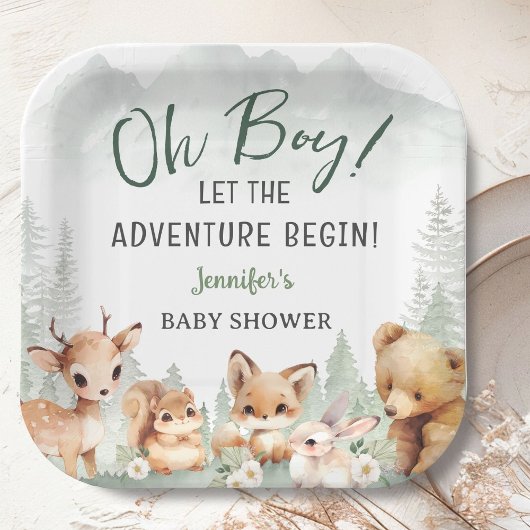Let The Adventure Begin Boy Woodland Baby Shower ペーパープレート
