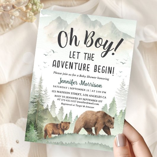 Let the Adventure Begin Boy Woodland Baby Shower 招待状