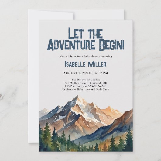 Let The Adventure Begin Mountain Boy Baby Shower  招待状 (正面)