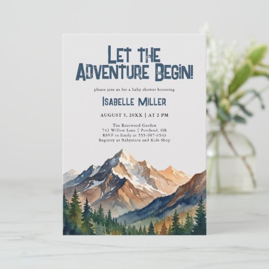 Let The Adventure Begin Mountain Boy Baby Shower  招待状 (スタンド正面)