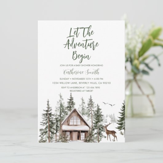 Let The Adventure Begin Winter Baby Shower 招待状 (スタンド正面)