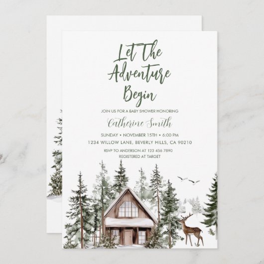 Let The Adventure Begin Winter Baby Shower 招待状 (正面/裏面)
