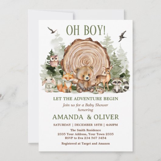 Let the Adventure Begin Woodland Boy Baby Shower 招待状 (正面)
