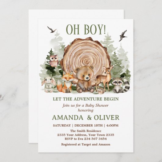 Let the Adventure Begin Woodland Boy Baby Shower 招待状 (正面/裏面)