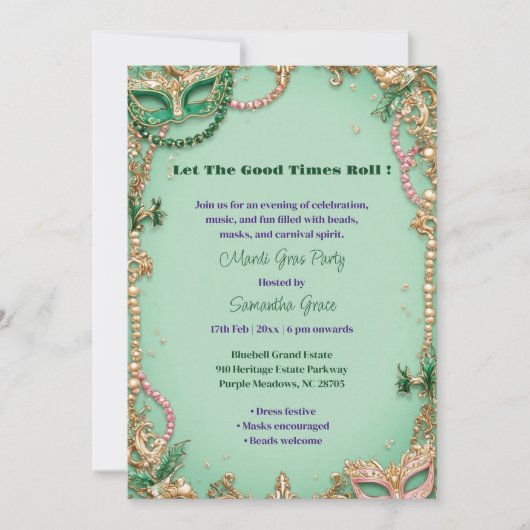 Let The Good Times Roll Mardi Gras Mask Beads Fun 招待状 (正面)