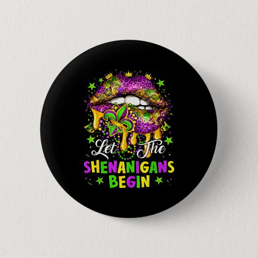 Let The Shenanigans Begin Mardi Gras Lips Girl Wom 缶バッジ (正面)
