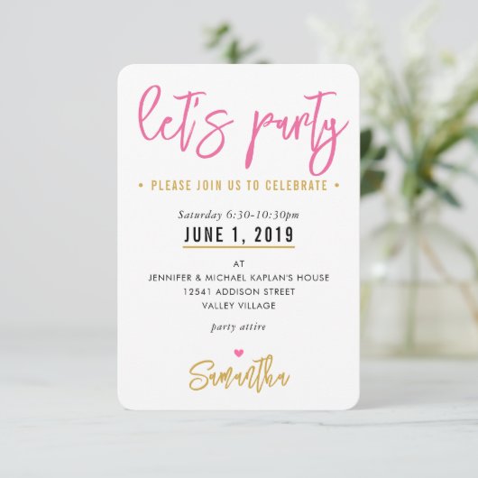 LET'sパーティーかわいいかわいらしピンクの白ハート金ゴールド 出欠カード (スタンド正面)