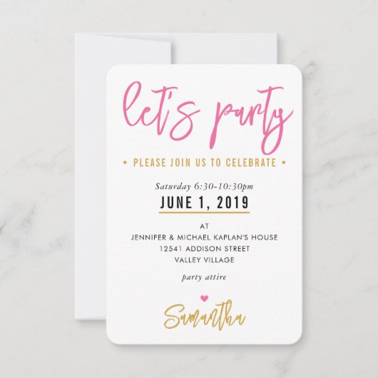 LET'sパーティーかわいいかわいらしピンクの白ハート金ゴールド 出欠カード (正面)