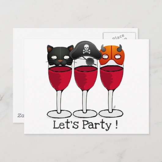 LET'Sパーティーハロウィーンの衣装マスクのワイングラス インビテーションポストカード (正面/裏面)