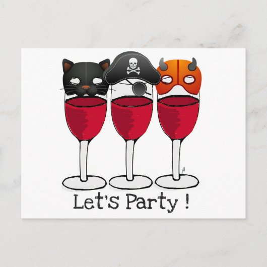 LET'Sパーティーハロウィーンの衣装マスクのワイングラス インビテーションポストカード (正面)