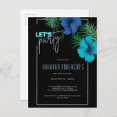 Let's パーティーブラックブルーネオン熱帯40歳の誕生日 インビテーションポストカード (正面/裏面)