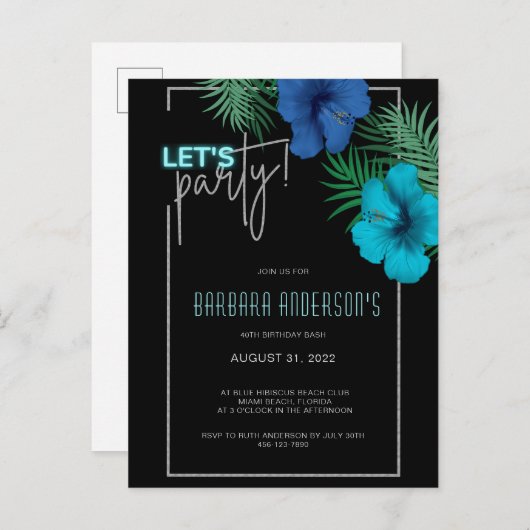 Let's パーティーブラックブルーネオン熱帯40歳の誕生日 インビテーションポストカード (正面/裏面)