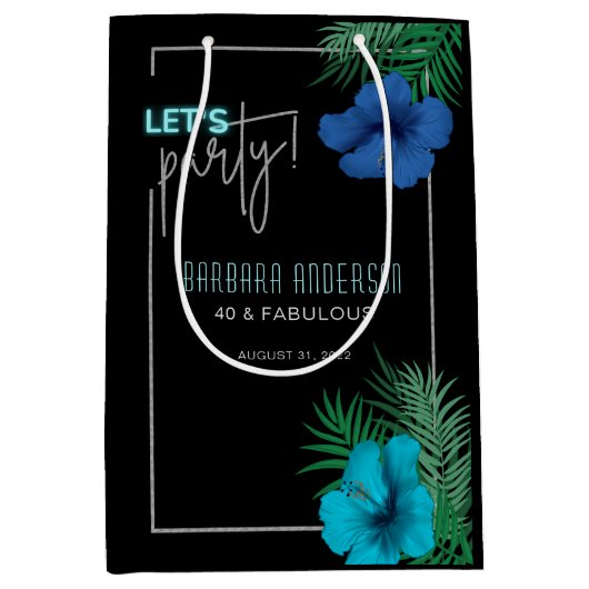 Let's パーティーブラックブルーネオン熱帯40歳の誕生日 ミディアムペーパーバッグ (正面)