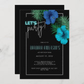 Let's パーティーブラックブルーネオン熱帯40歳の誕生日 招待状 (正面/裏面)