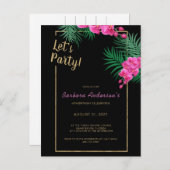 Let's パーティーブラック金ゴールドトロピカル40th誕生日 インビテーションポストカード (正面/裏面)