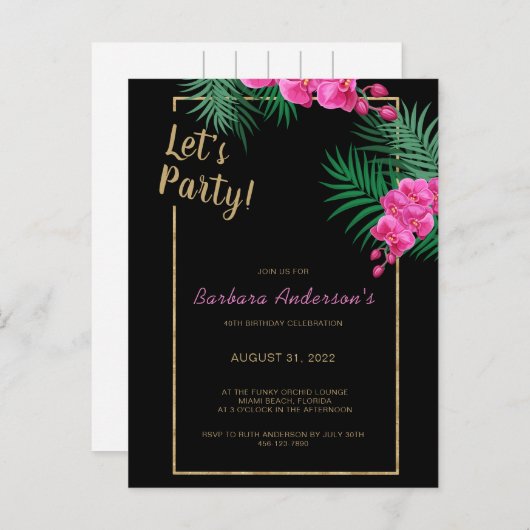 Let's パーティーブラック金ゴールドトロピカル40th誕生日 インビテーションポストカード (正面/裏面)