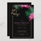 Let's パーティーブラック金ゴールドトロピカル40th誕生日 招待状 (正面/裏面)