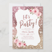 Let's パーティー輝くバラ金ゴールドグリッターとフローラ 招待状 (正面)