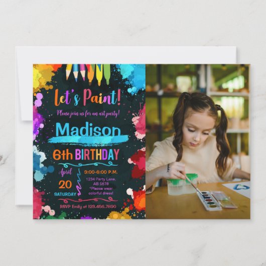 Let's Art 絵を描 Birthday Party黒い写真 招待状 (正面)