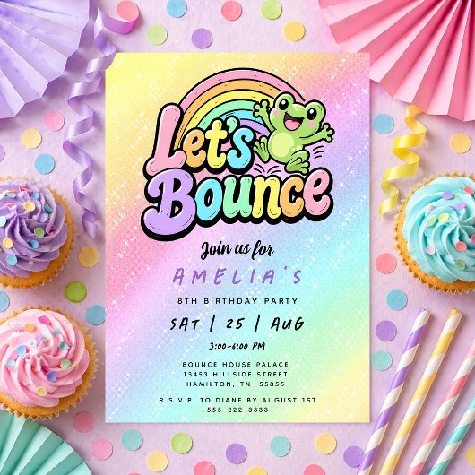 Let's Bounce Frog Rainbow Birthday Party 招待状