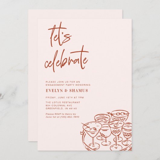 Let's Celebrate Whimsical Doodle Engagement Party 招待状 (正面/裏面)