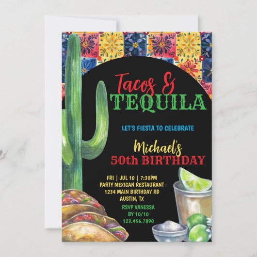 Let's Fiesta Tacos & Tequila Mexican 50th Birthday 招待状 (正面)
