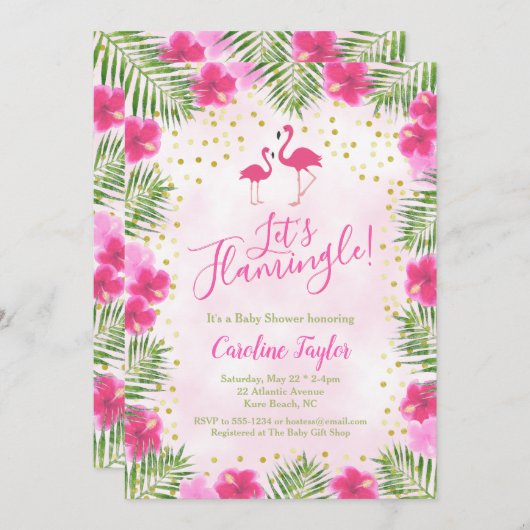 Let's Flamingle熱帯ピンクのフローラ赤ちゃんシャワー 招待状 (正面/裏面)