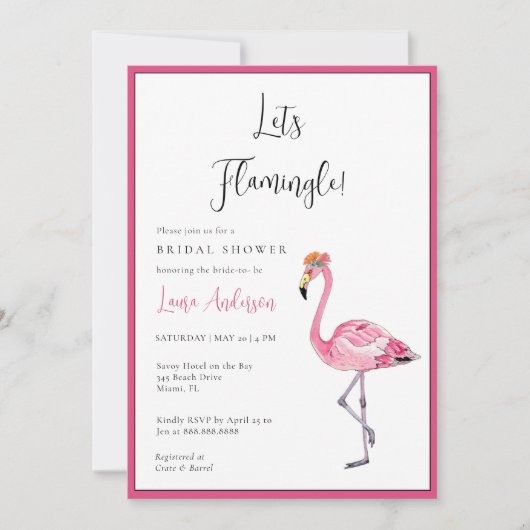 Let's Flamingle! - ホットピンクと白のウェディングシャワー 招待状 (正面)