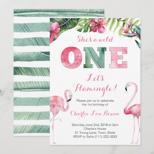 Let's Flamingle 1st Birthday招待状for Girl 招待状 (正面/裏面)